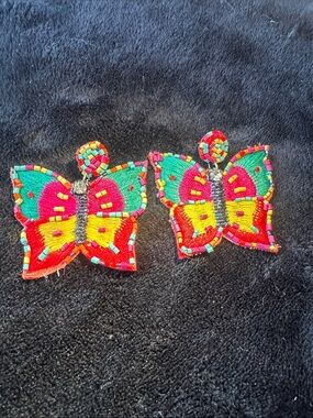 Beaded Multicolor Butterfly Drop Earrings - Vibrant Embroidered Statement
